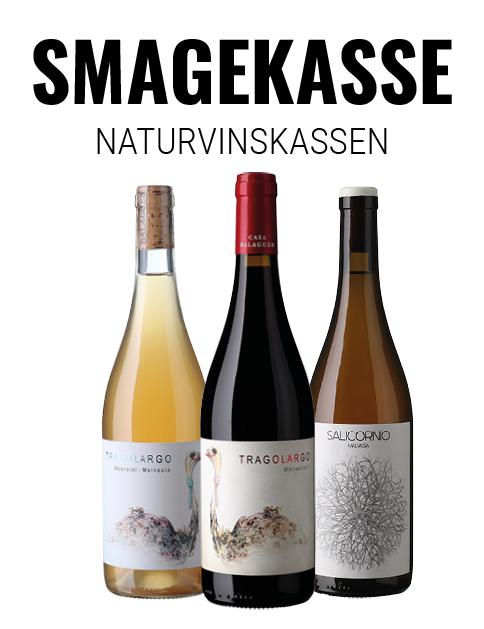 Naturvinskassen, smagekasse med en rød og to hvide naturvine fra Casa Balaguer wine bottle