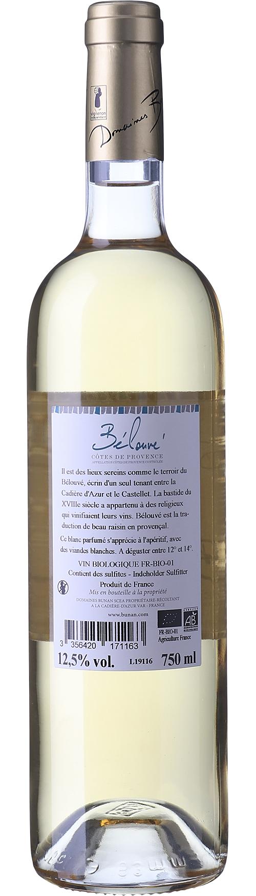 Domaines Bunan Bélouvé White AOP Côtes de Provence wine bottle